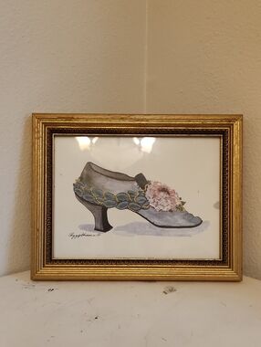 ♤ Framed Gray Floral Shoe Art Print with Pink Bloom